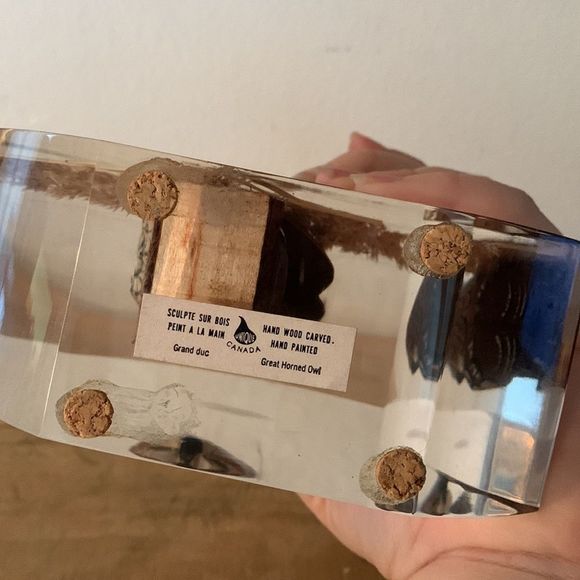 Vintage Mid-Century Hand Carved Wooden Owl Encased in Lucite Shaped Moon - Picture 8 of 8